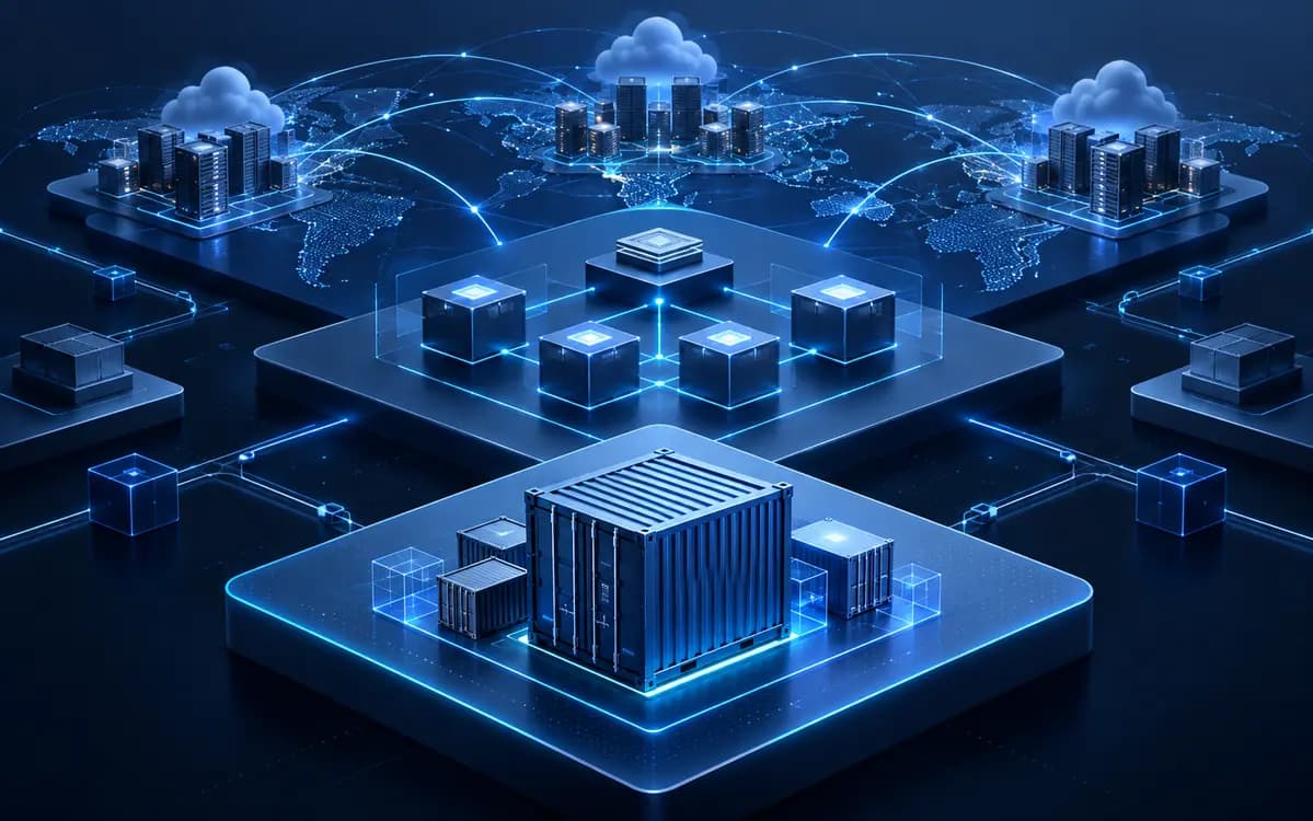 Abstract VexEagle cloud engineering artwork for Kubernetes vs ECS vs Docker: Understanding the Differences